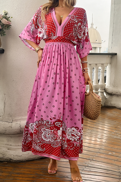 Pink Floral Print Knotted Open Back High Waist Maxi Dress