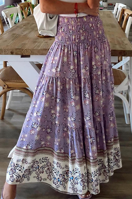 Floral Print Shirred High Waist Maxi Skirt - L & M Kee, LLC