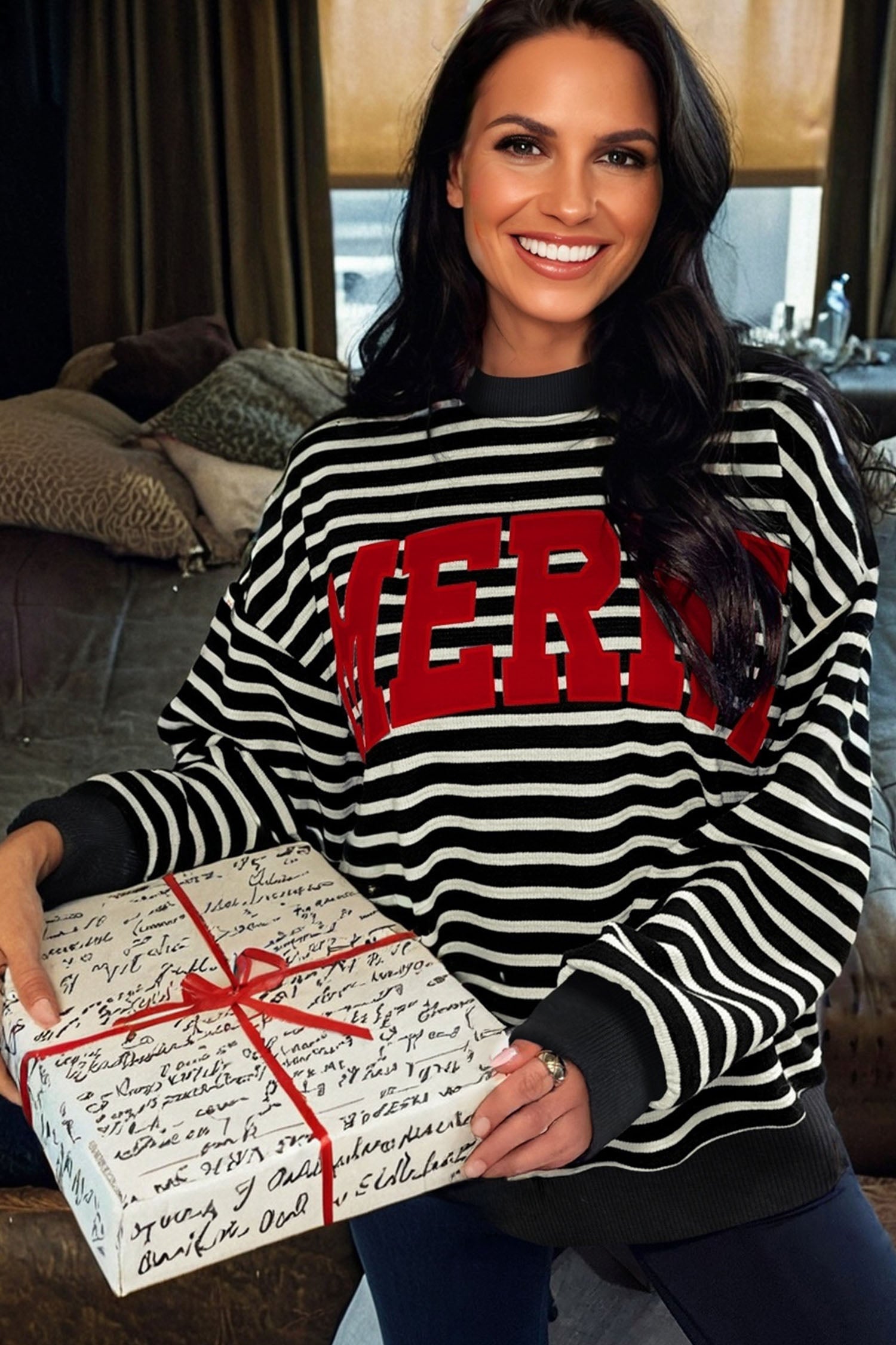 White Stripe Contrast MERRY Letter Christmas Print Drop Shoulder Sweatshirt