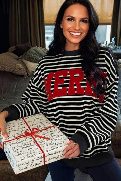 White Stripe Contrast MERRY Letter Christmas Print Drop Shoulder Sweatshirt