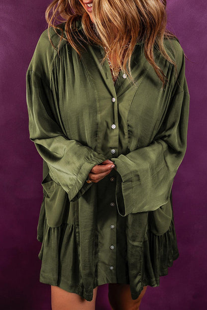 Pickle Green Loose Pocketed Ruffled Hem Draped Shirt Dress - L & M Kee, LLC