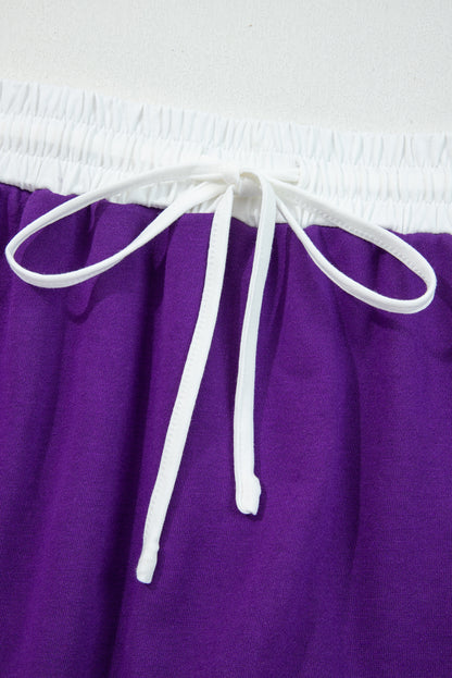 Tillandsia Purple Varsity Stripe Detail Drop Shoulder Pullover Mini Skirt Set