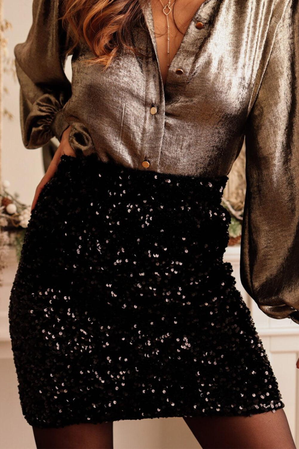 Black Sequin Bodycon Mini Skirt - L & M Kee, LLC