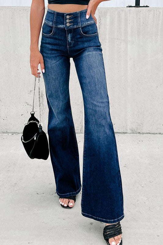 Buttons Elastic Wide Waistband Back Flare Jeans - L & M Kee, LLC