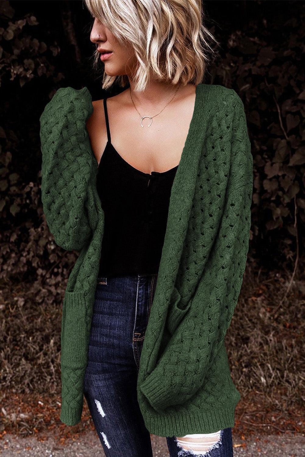 Green Open Front Woven Texture Knitted Cardigan with Pockets - L & M Kee, LLC