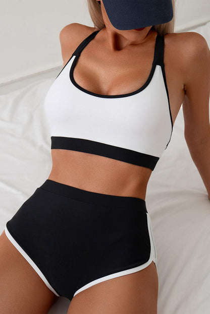 White Colorblock Crisscross Back High Waist Sporty Bikini - L & M Kee, LLC