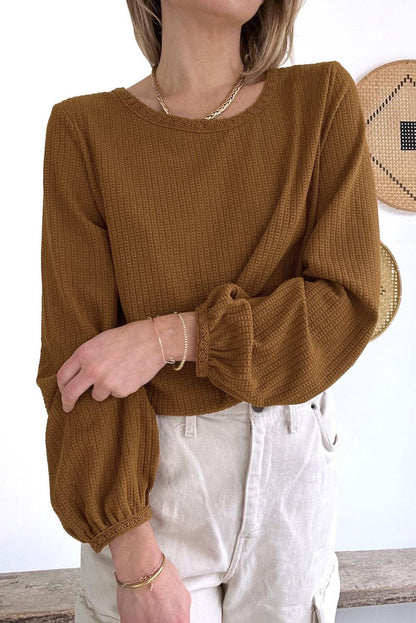 Brown Textured Round Neck Puff Sleeve Top - L & M Kee, LLC