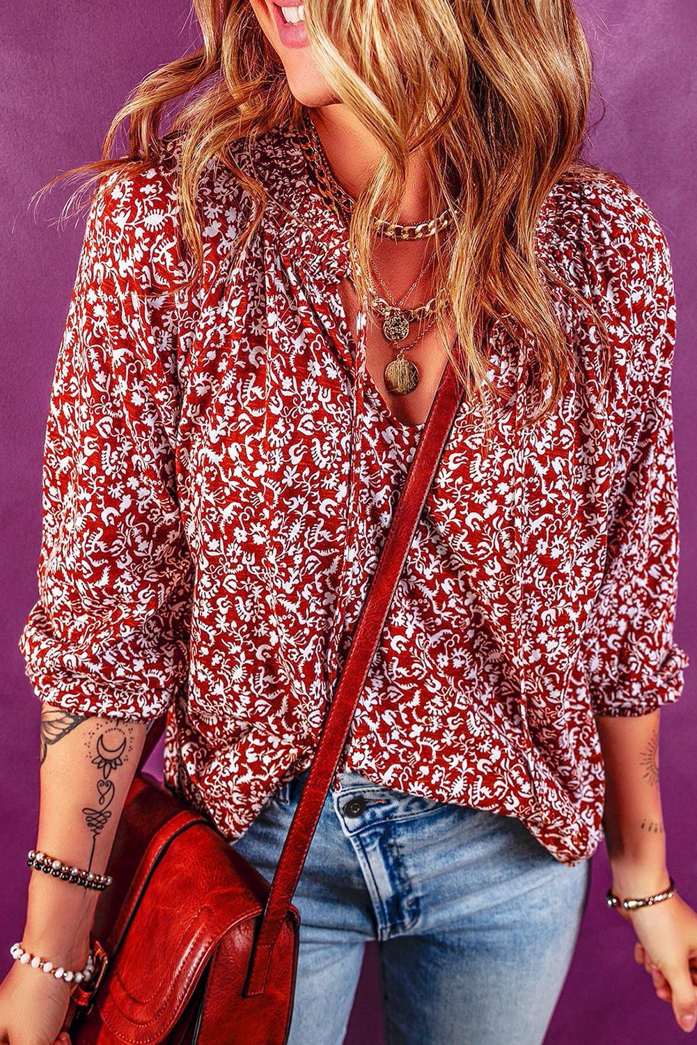 Biking Red Floral Print Smocked Tie Neck Blouse - L & M Kee, LLC