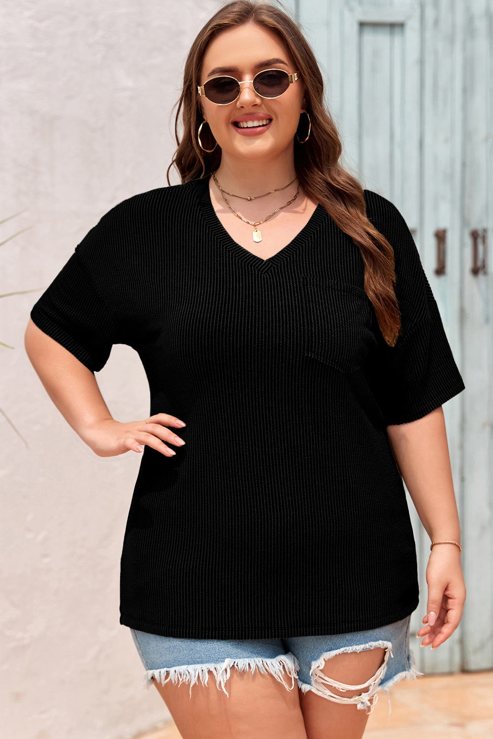 Black Textured V-Neck Dropped Shoulder Plus T-Shirt