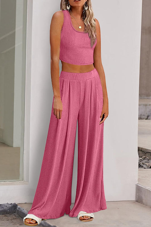 Pink Textured Sleeveless Crop Top and Wide Leg Pants Outfit - L & M Kee, LLC