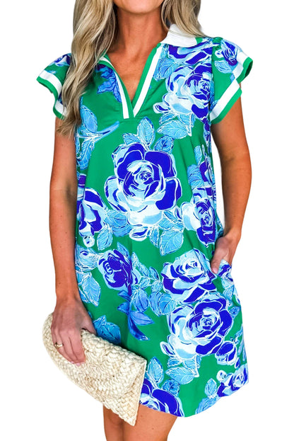 Bright Green Contrast Floral Print Collared V Neckline Ruffled Cap Sleeve Shift Dress with Pockets
