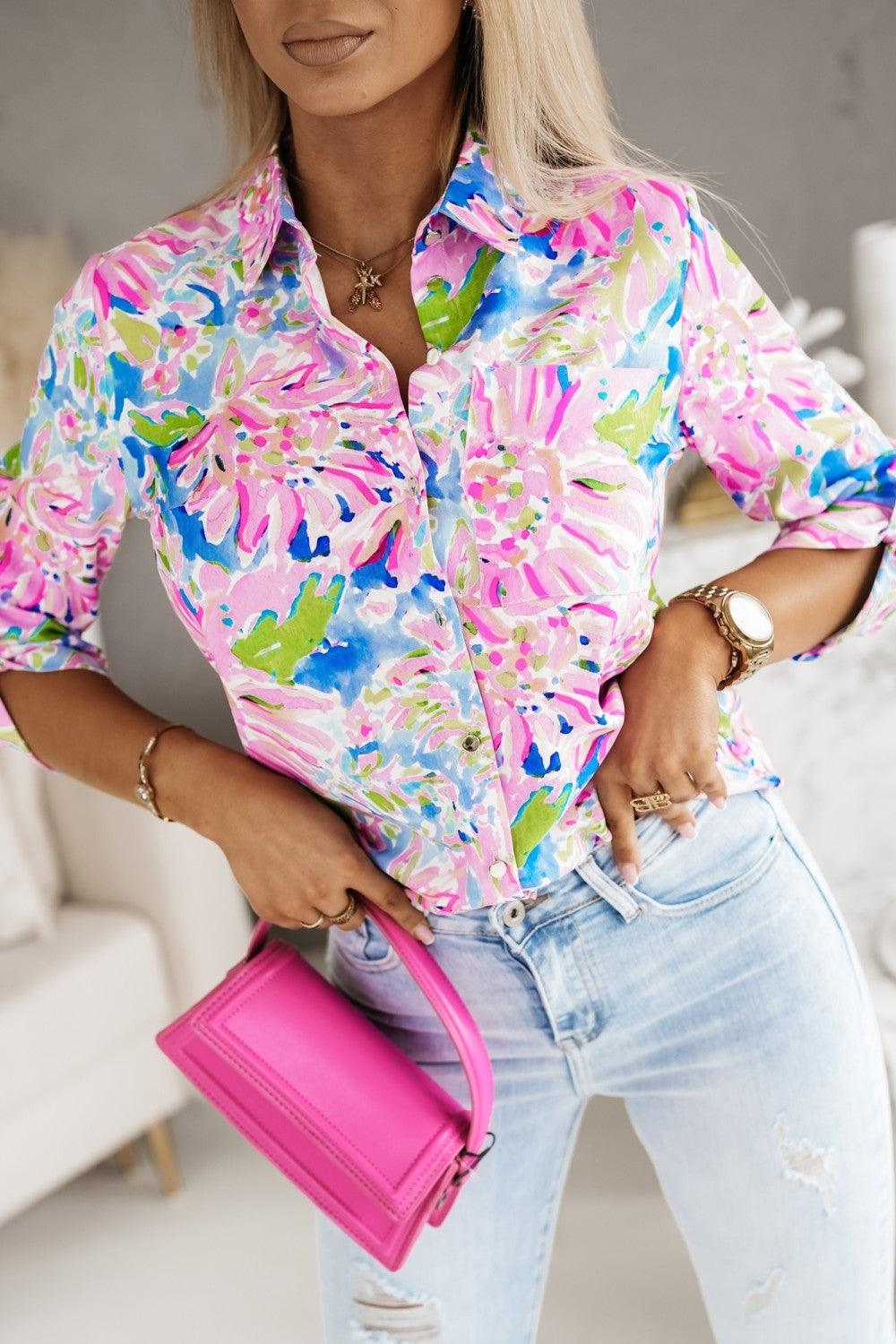 Pink Abstract Floral Print Notch V Neck Rolled Short Sleeve Blouse - L & M Kee, LLC