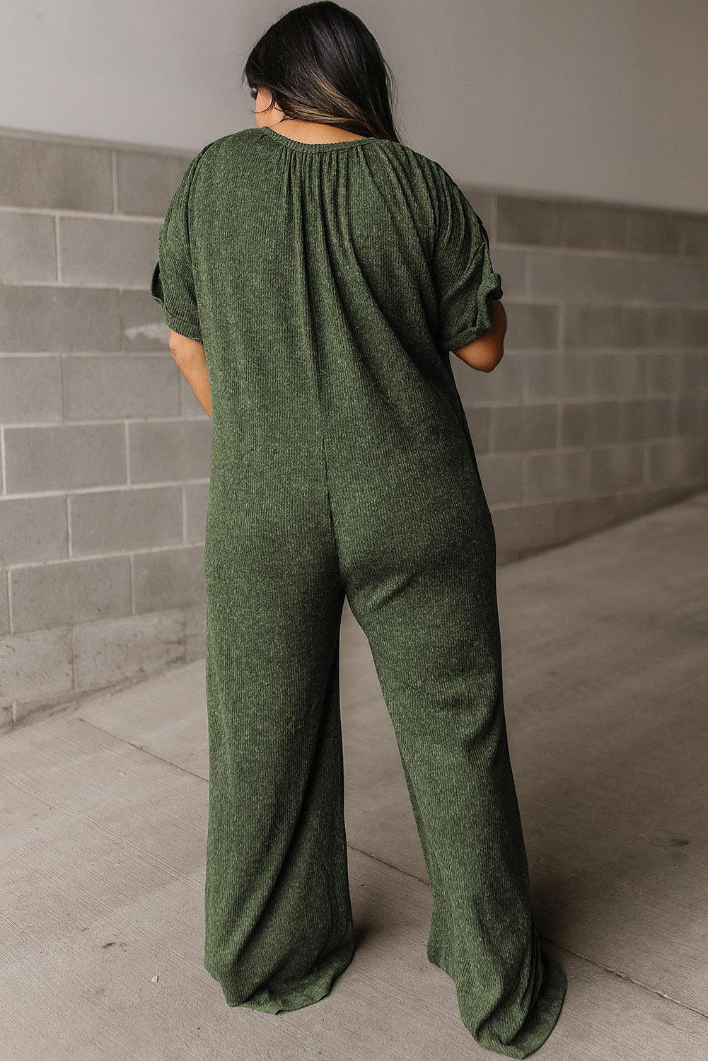 Jungle Green Textured Side Pockets Buttoned Wide Leg Jumpsuit - L & M Kee, LLC