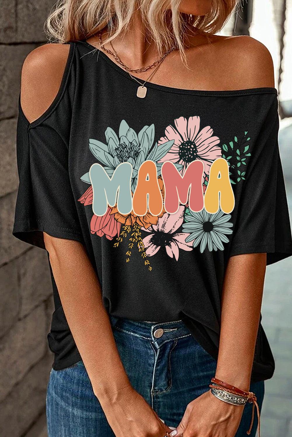 Black MAMA Flower Print Asymmetric Neck Casual T Shirt - L & M Kee, LLC