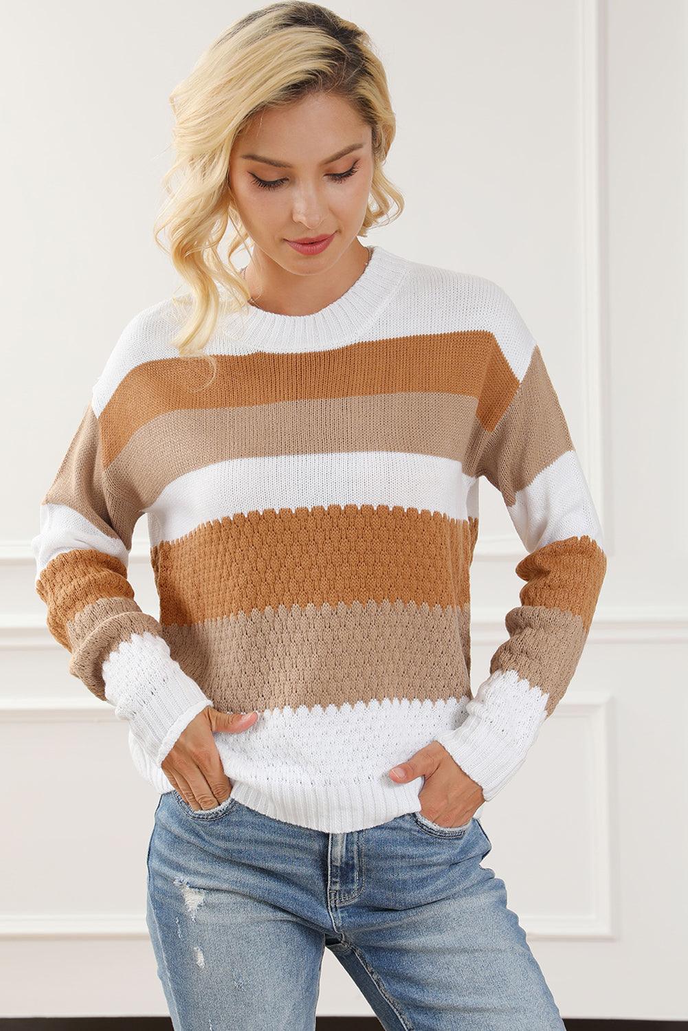 Chestnut Striped Cable Knit Drop Shoulder Sweater - L & M Kee, LLC