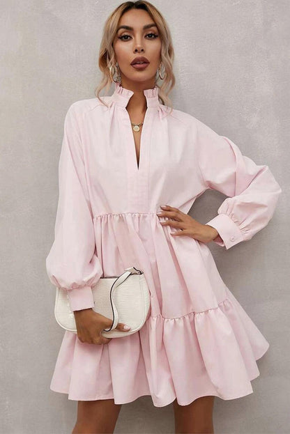 Frilled Stand Collar Long Sleeve Ruffle Dress - L & M Kee, LLC