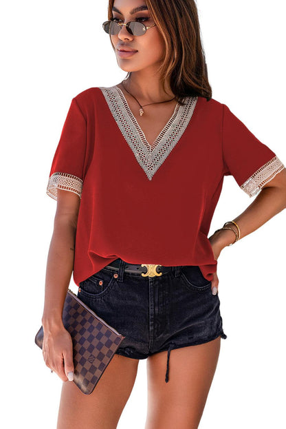 Lace Trim V Neck Short Sleeve Blouse - L & M Kee, LLC