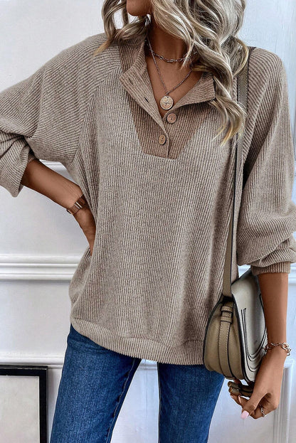 Light Grey Color Contrast Ribbed Loose Fit Long Sleeve Top