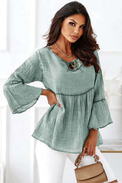 Green Crinkle Lace Up Round Neck Bell Sleeve Blouse