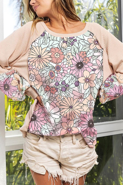 Oatmeal Corded Floral Patchwork Long Sleeve Top - L & M Kee, LLC