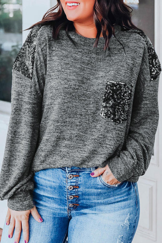 Gray Sequin Patchwork Long Sleeve Plus Size Top - L & M Kee, LLC
