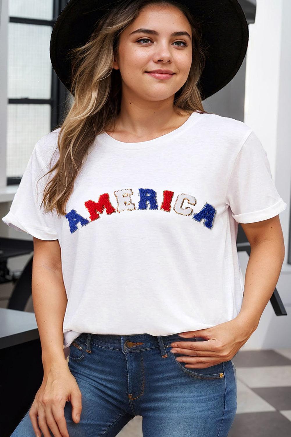 White AMERICA Chenille Embroidered Plus Size T Shirt
