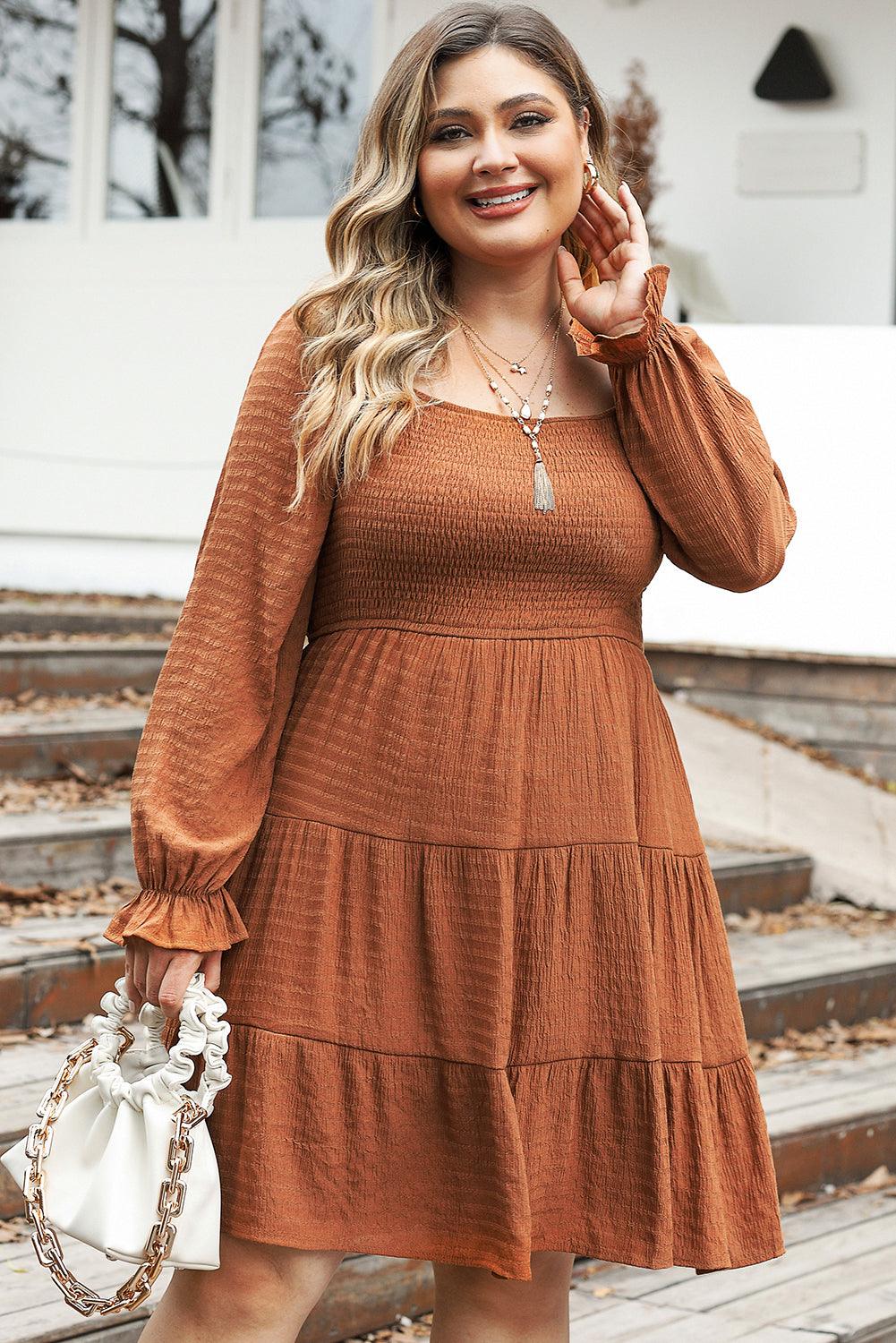 Chestnut Plus Size Smocked Ruffled Sleeve Tiered Mini Dress - L & M Kee, LLC