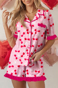 Rose Cherry Bow Mixed Print Scalloped Edge Short Pajama Set