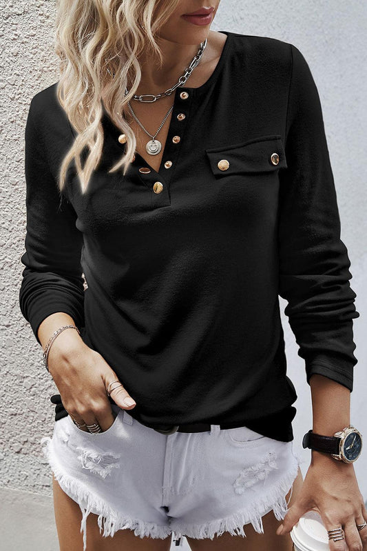 Black Long Sleeve Snap Button Henley Top - L & M Kee, LLC