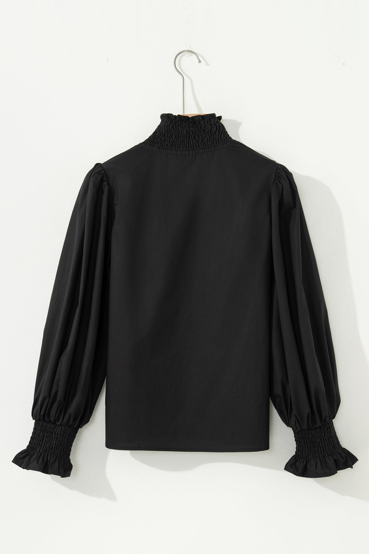 Black Puffy Flounce Sleeve Leopard Trim V Neck Blouse