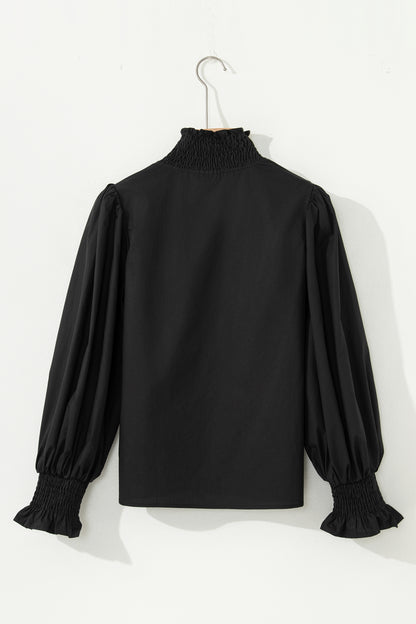 Black Puffy Flounce Sleeve Leopard Trim V Neck Blouse