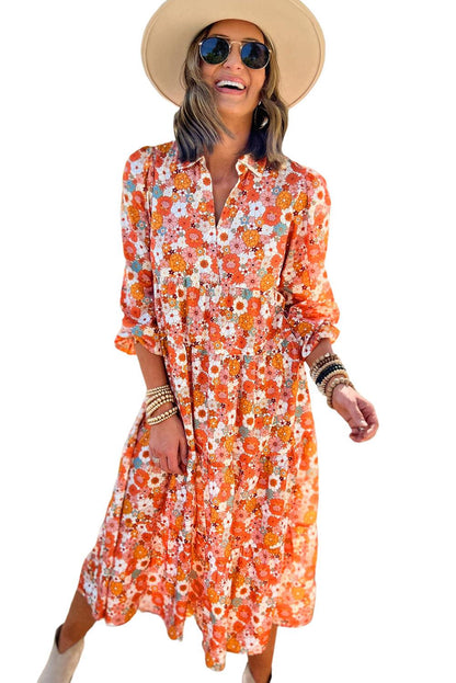 Multicolor Boho Floral Collared Long Sleeve Ruffled Dress - L & M Kee, LLC