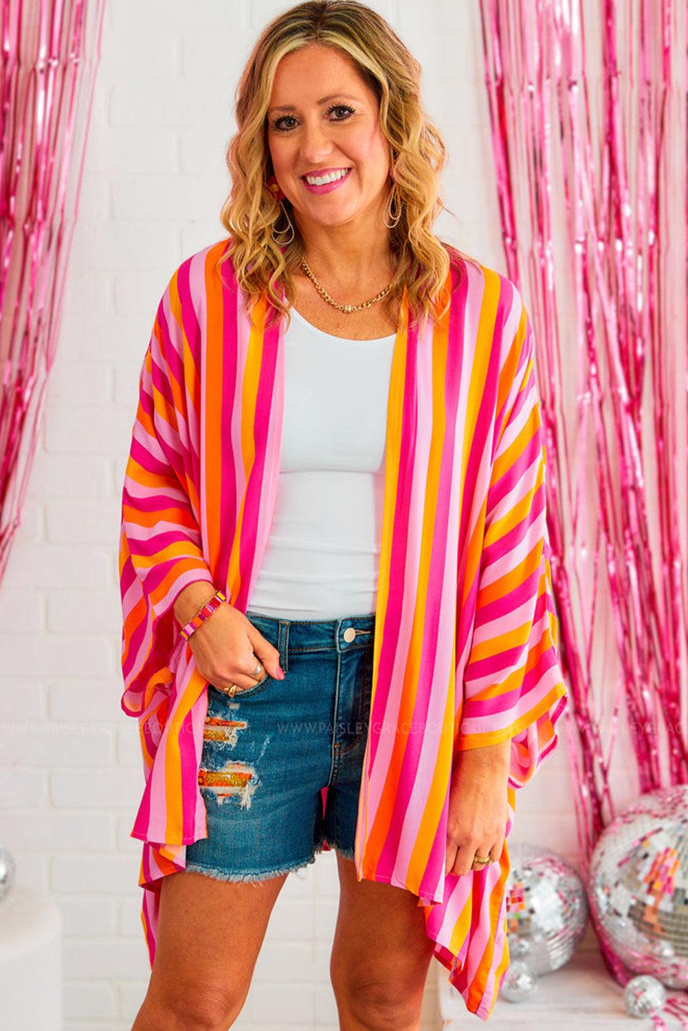 Rose Stripe Wide Sleeve Open Front Kimono - L & M Kee, LLC