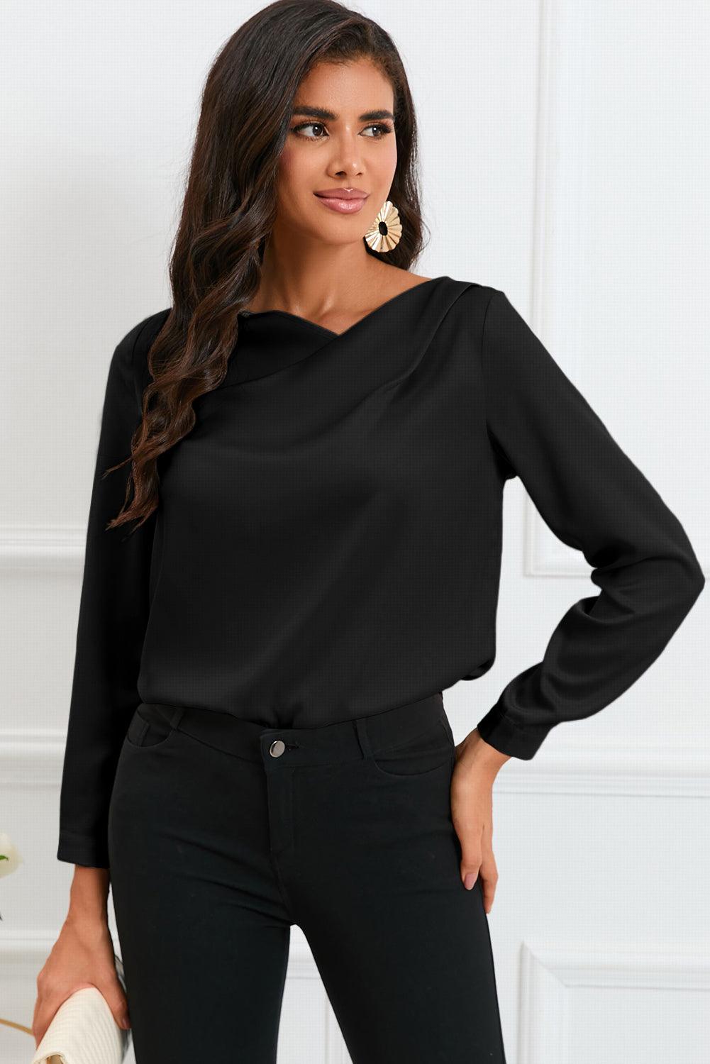 Solid Asymmetric V Neck Long Sleeve Satin Blouse - L & M Kee, LLC