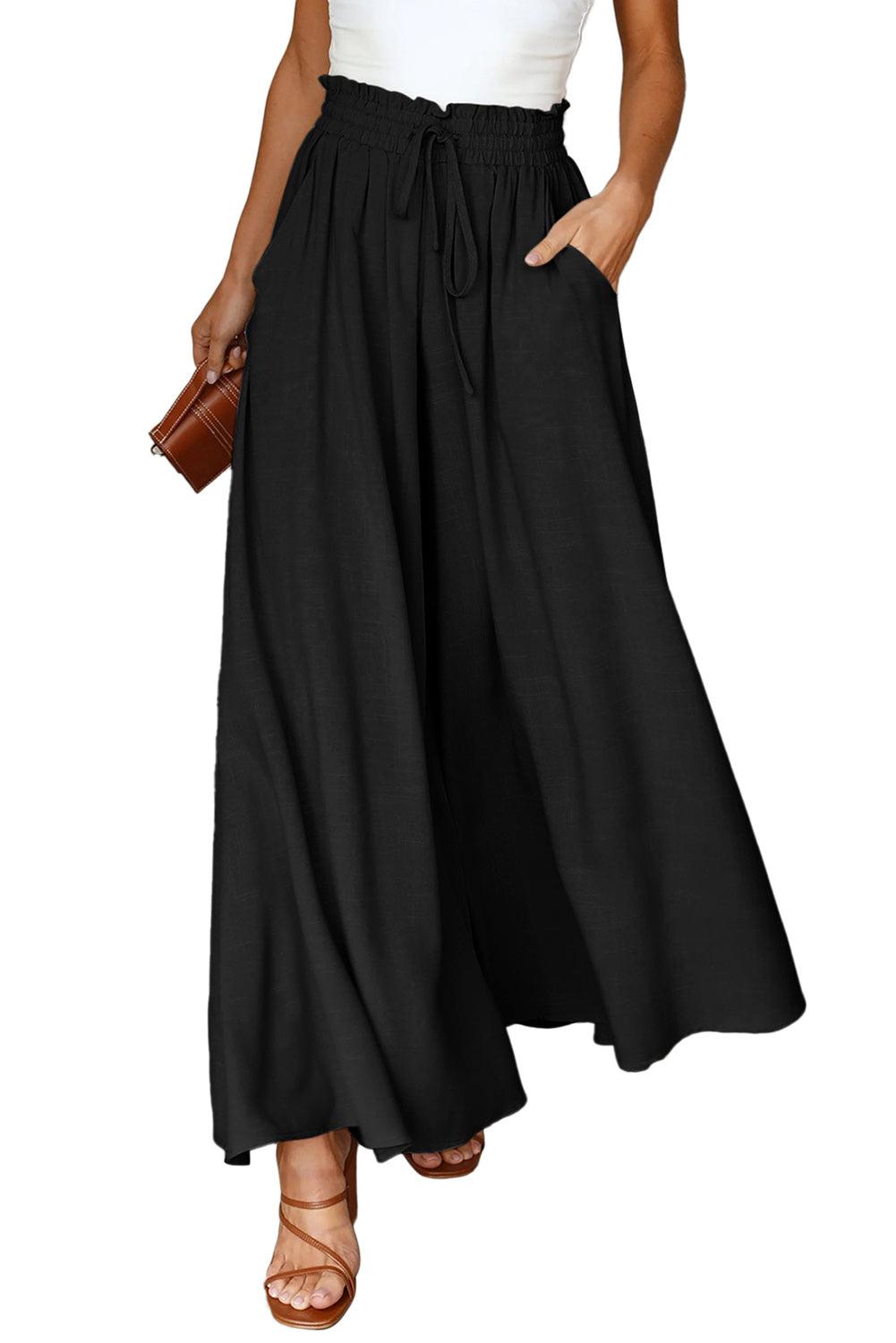 Black Drawstring Smocked High Waist Wide Leg Pants - L & M Kee, LLC