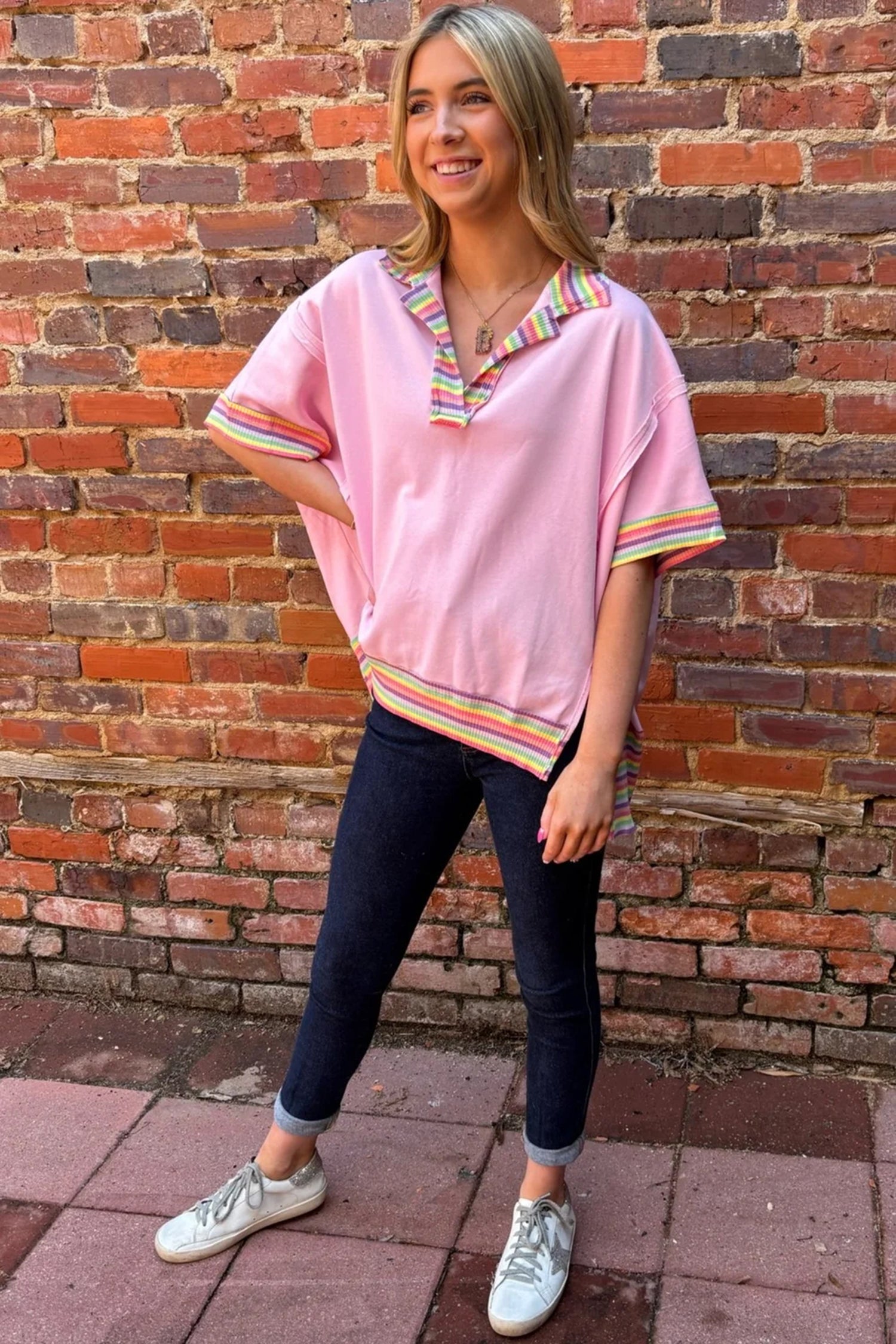 Pink Rainbow Stripe Ribbed Patchwork Raw Seam Oversize Polo Tee