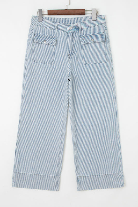 Sky Blue Stripe Button Flap Pocket Cuffed Hem Wide Leg Jeans