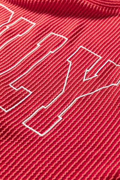 Racing Red Twisted Rib Outlined Merry Letter Graphic Loose Long Sleeve Top