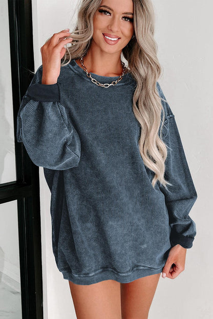 Blue Plus Size Corded Round Neck Sweatshirt - L & M Kee, LLC