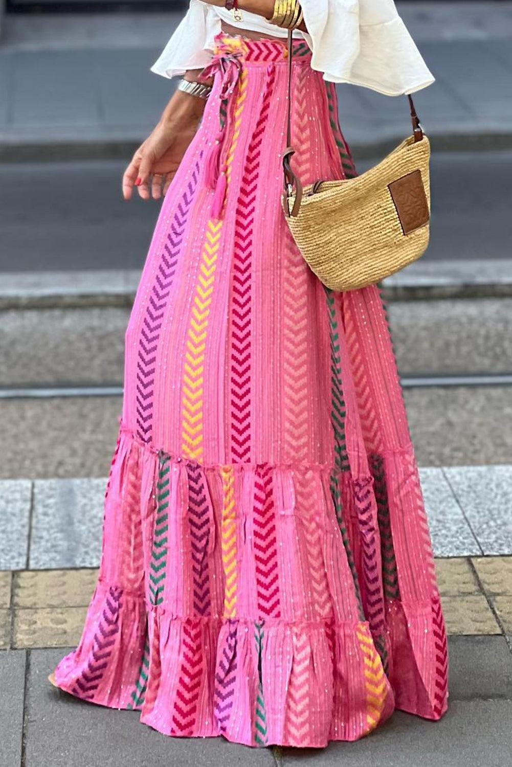 Pink Boho Printed Tasseled Drawstring Ruffled Maxi Skirt - L & M Kee, LLC