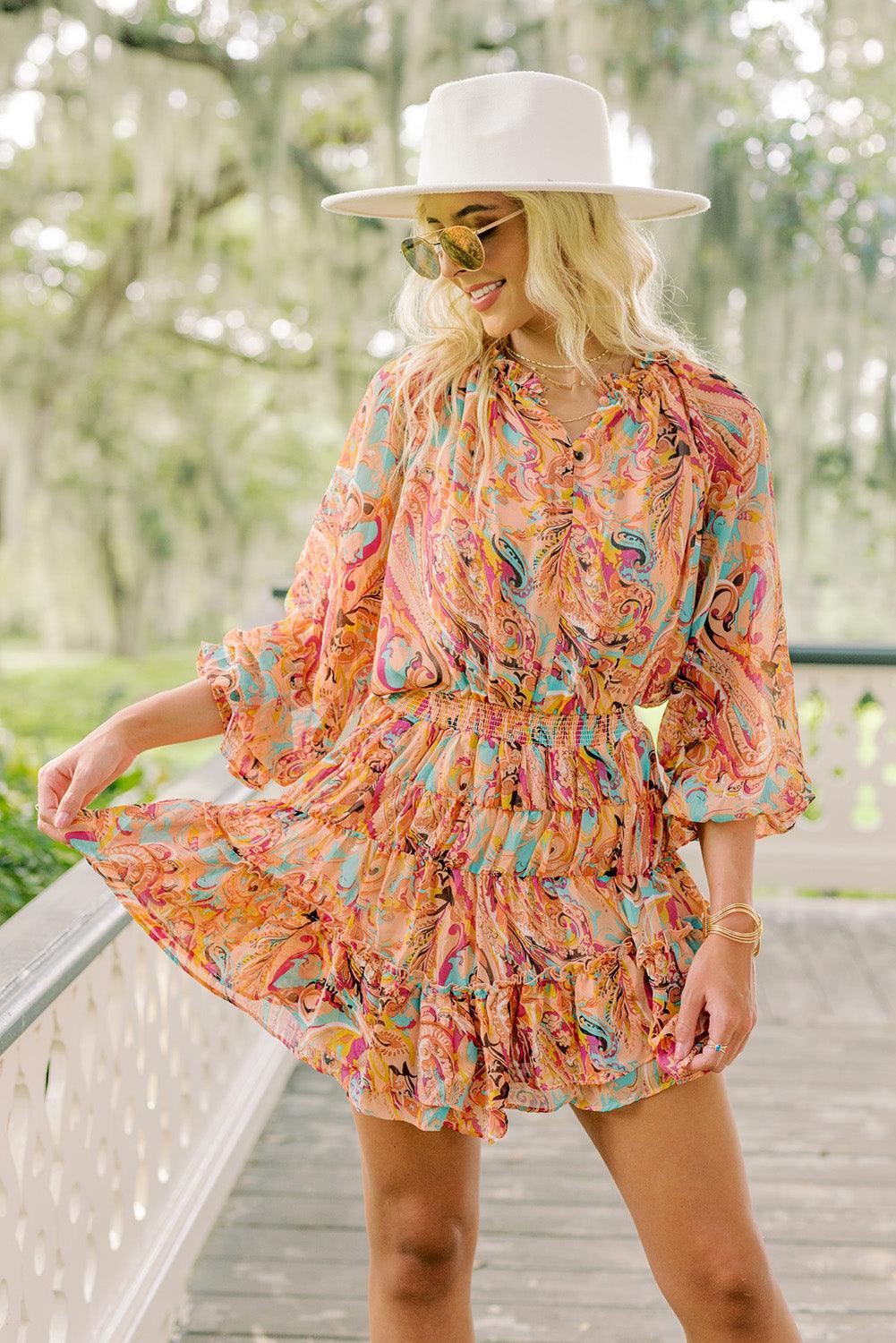 Multicolour Paisley Print Frilled Mini Dress - L & M Kee, LLC