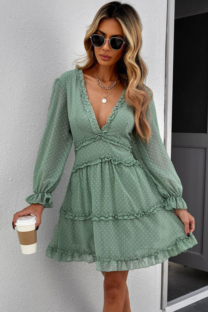 Green Layered Ruffled Open Back Puff Sleeve Swiss Dot Mini Dress - L & M Kee, LLC