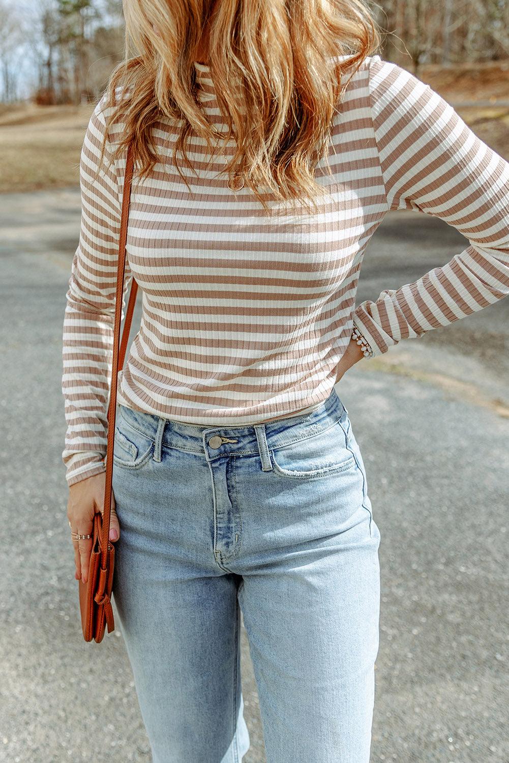 Striped Print Textured Knit Long Sleeve Tee - L & M Kee, LLC