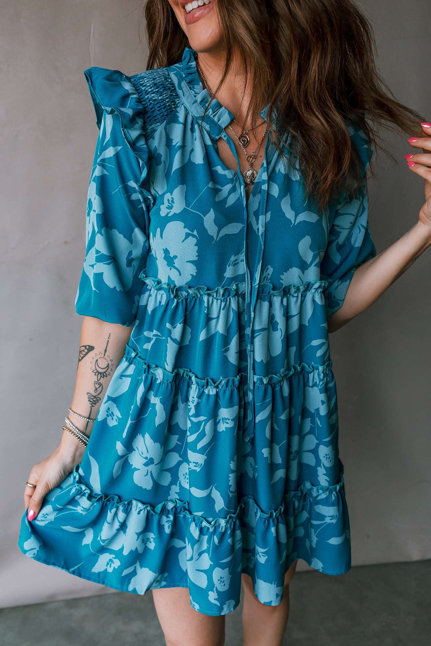 Blue Flower Half Sleeve Tiered Ruffled Mini Dress