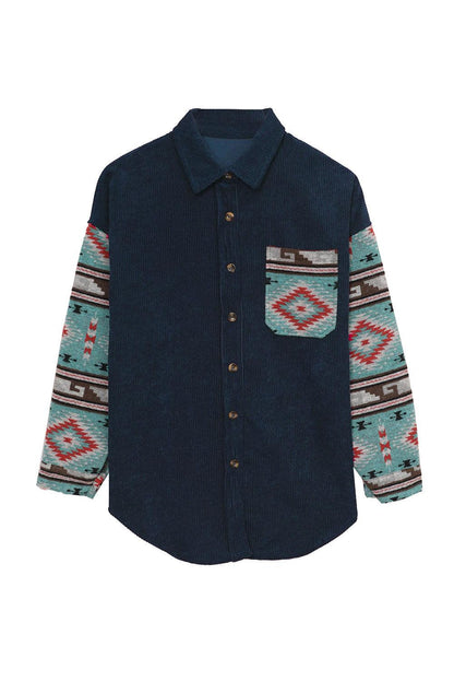 Aztec Pattern Sleeve Pocketed Corduroy Shacket - L & M Kee, LLC