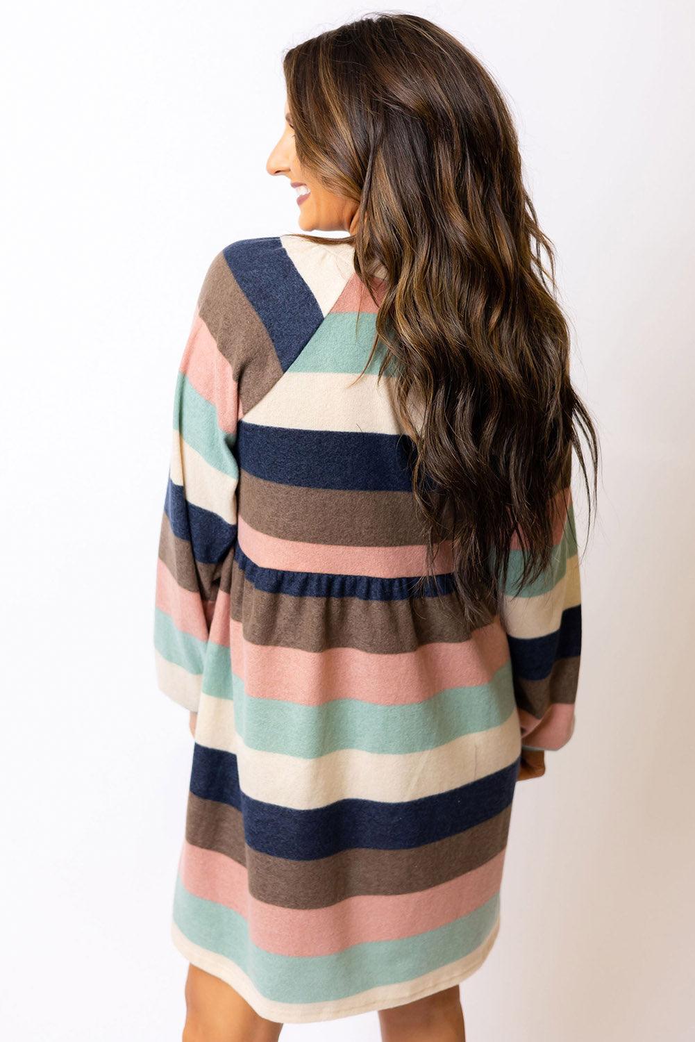 Multicolor Striped Color Block Long Sleeve Mini Dress - L & M Kee, LLC