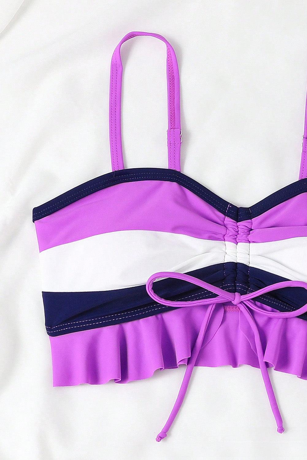 Dark Purple Colorblock Ruffled Drawstring Tie Shorts Bikini - L & M Kee, LLC