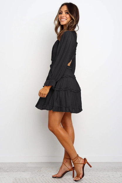 Black V Neck Ruffle Detailing Open Back Dress - L & M Kee, LLC