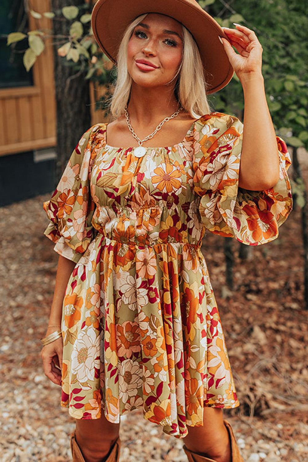 Green Ruffled Puff Short Sleeve Floral Dress - L & M Kee, LLC