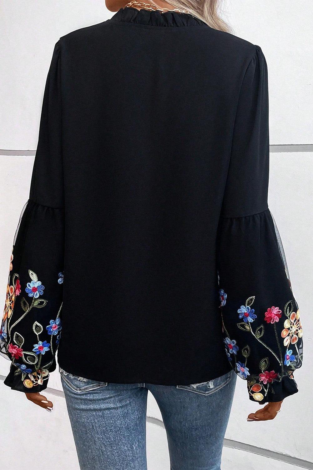 Black Floral Patched Flounce Sleeve Split Neck Blouse - L & M Kee, LLC